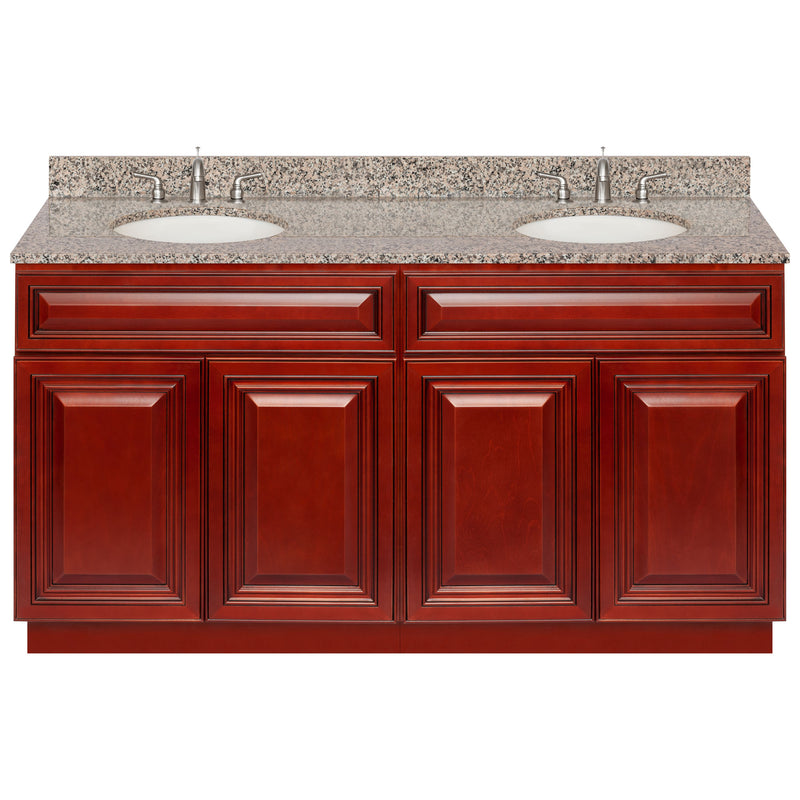 Cherry Double Bathroom Vanity 60", Burlywood Granite Top, Faucet LB4B BU618-60CH-4B