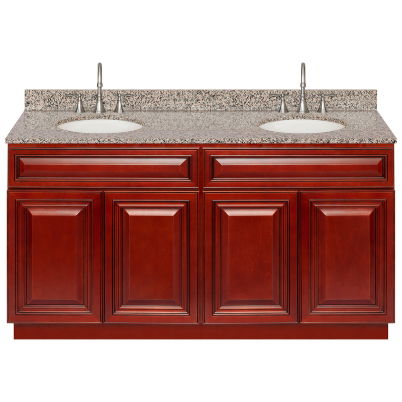 Cherry Double Bathroom Vanity 60", Burlywood Granite Top, Faucet LB7B BU618-60CH-7B