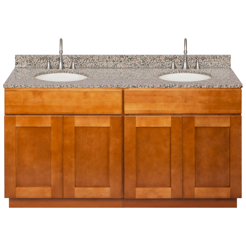 Brown Double Bathroom Vanity 60", Burlywood Granite Top, Faucet LB7B BU618-60NP-7B