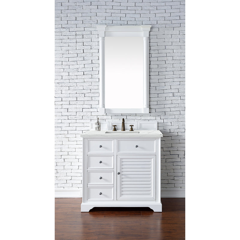 James Martin Savannah 36" Single Vanity Cabinet Bright White with 3 cm Ethereal Noctis Quartz Top 238-104-V36-BW-3ENC