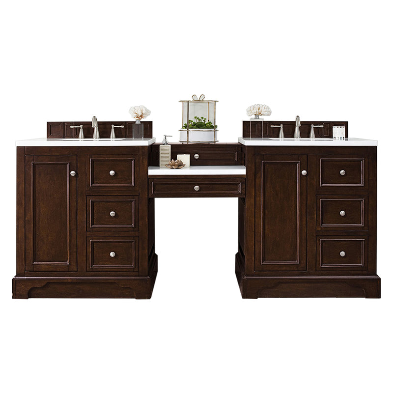 James Martin De Soto 82" Double Vanity Set Burnished Mahogany with Makeup Table 3 cm Classic White Quartz Top 825-V82-BNM-DU-CLW