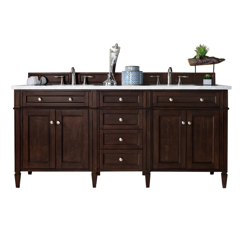 James Martin Brittany 72" Burnished Mahogany Double Vanity with 3 cm Carrara Marble Top 650-V72-BNM-3CAR