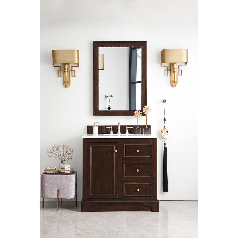 James Martin De Soto 36" Single Vanity Burnished Mahogany with 3 cm Arctic Fall Solid Surface Top 825-V36-BNM-3AF