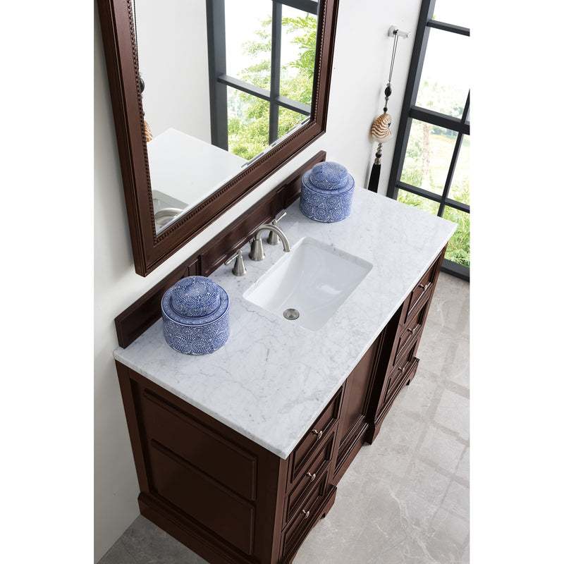 James Martin De Soto 48" Single Vanity Burnished Mahogany with 3 cm Carrara Marble Top 825-V48-BNM-3CAR