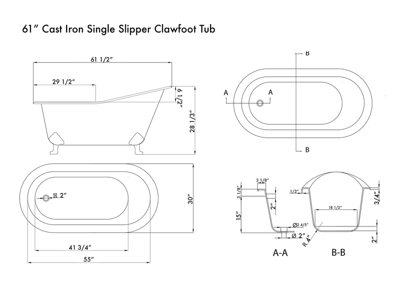 Cambridge Plumbing Cast Iron Slipper Clawfoot Tub 61" x 30" No Faucet Drillings BRZ Feet