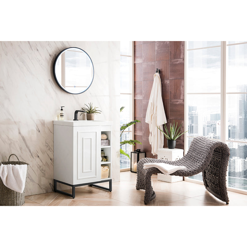 James Martin Alicante' 24" Single Vanity Cabinet Glossy White Matte Black with White Glossy Composite Countertop E110V24GWMBKWG