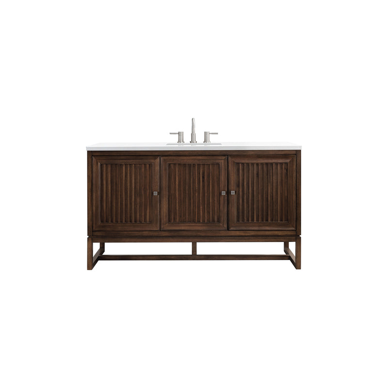 James Martin Athens 60" Single Vanity Cabinet Mid Century Acacia with 3 cm Classic White Quartz Top E645-V60S-MCA-3CLW