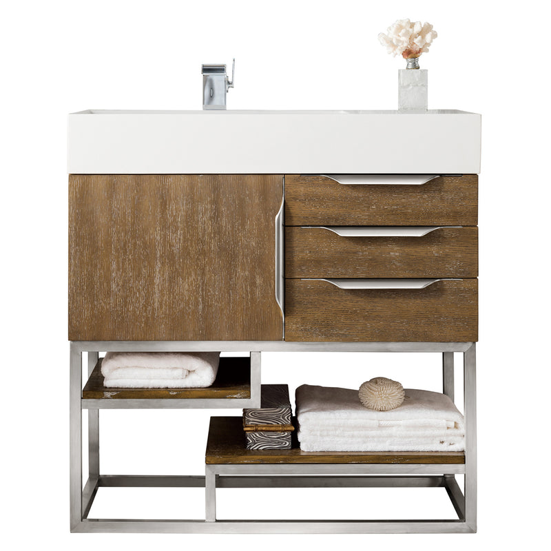 James Martin Columbia 36" Single Vanity Latte Oak with Glossy White Composite Top 388-V36-LTO-BN-GW