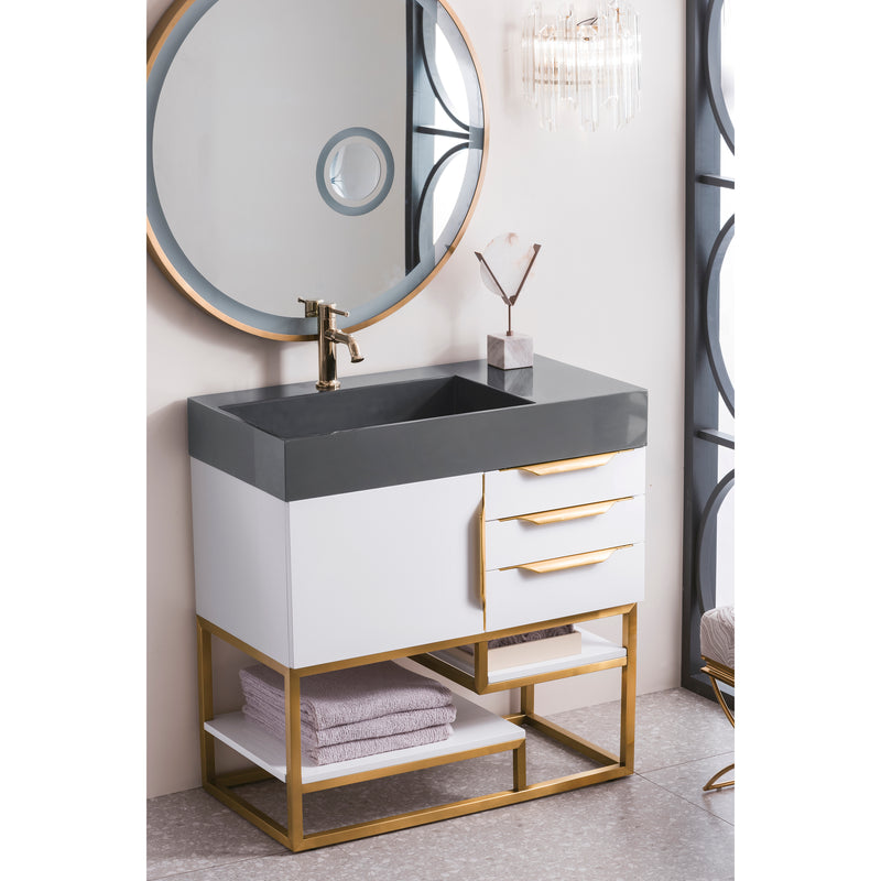 James Martin Columbia 36" Single Vanity Glossy White Radiant Gold with Dusk Gray Glossy Composite Top 388-V36-GW-RG-DGG