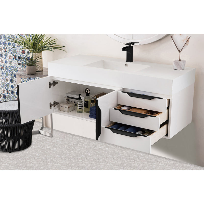 James Martin Mercer Island 48" Single Vanity Glossy White Matte Black with Glossy White Composite Top 389-V48-GW-MB-GW