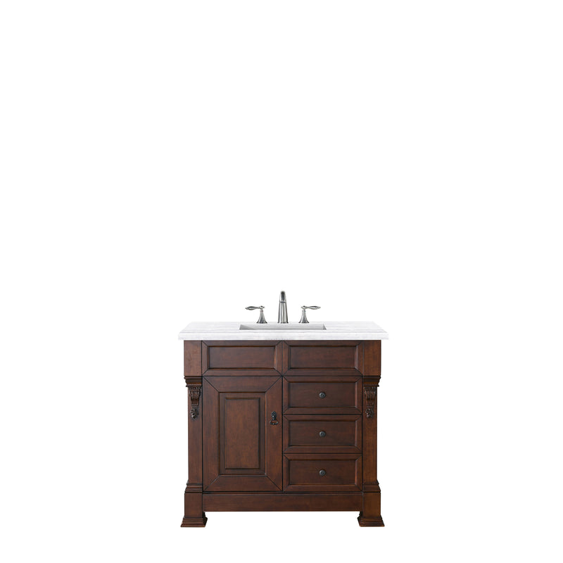 James Martin Brookfield 36" Warm Cherry Single Vanity with 3 cm Arctic Fall Solid Surface Top 147-114-5586-3AF