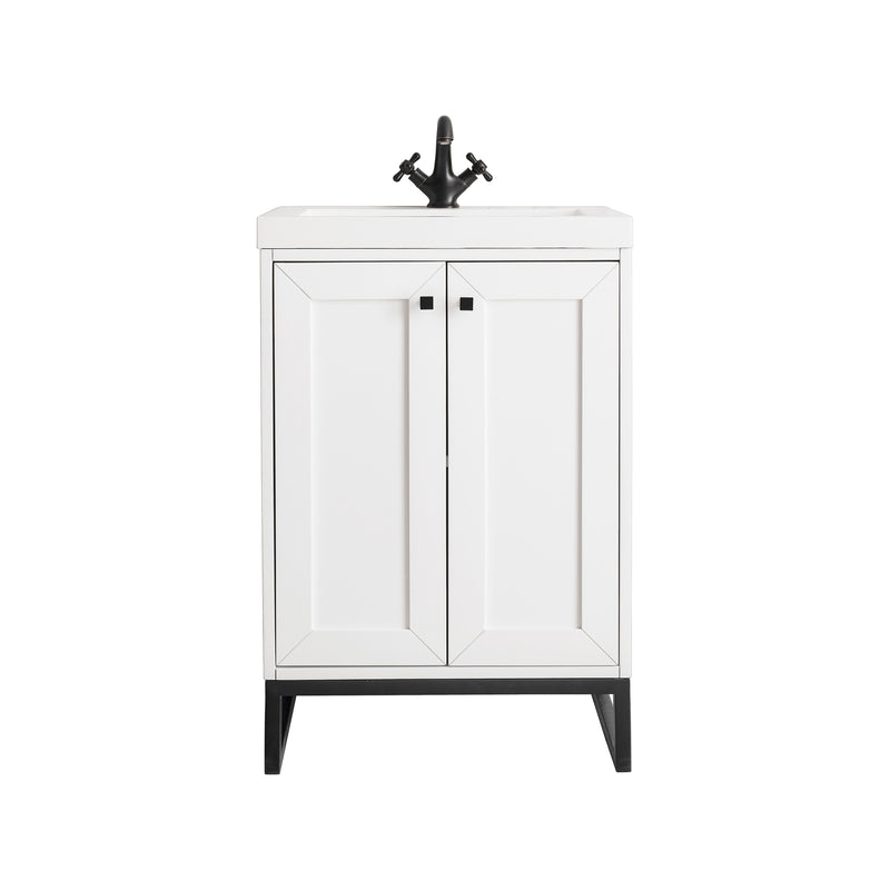 James Martin Chianti 24" Single Vanity Cabinet Glossy White Matte Black with White Glossy Resin Countertop E303-V24-GW-MBK-WG