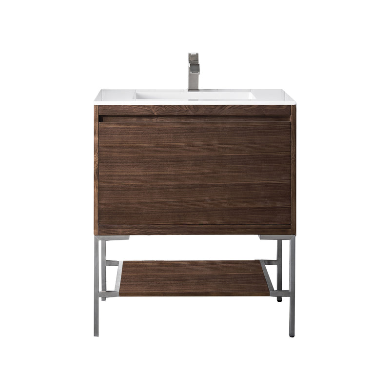 James Martin Milan 31.5" Single Vanity Cabinet Mid Century Walnut Brushed Nickel with Glossy White Composite Top 801V31.5WLTBNKGW