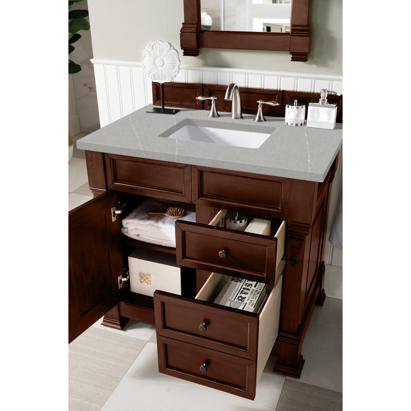 James Martin Brookfield 36" Warm Cherry Single Vanity with 3 cm Eternal Serena Quartz Top 147-114-5586-3ESR