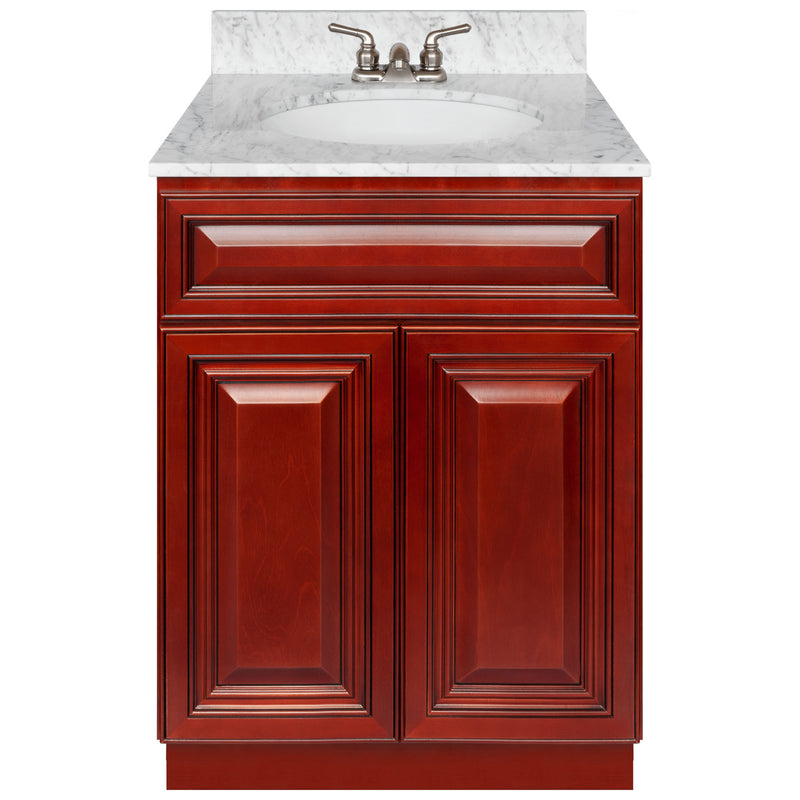 Cherry Bathroom Vanity 24", Cara White Marble Top, Faucet LB3B CW254-24CH-3B