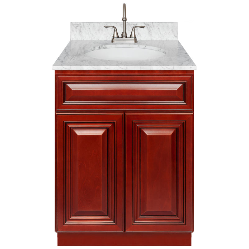 Cherry Bathroom Vanity 24", Cara White Marble Top, Faucet LB6B CW254-24CH-6B