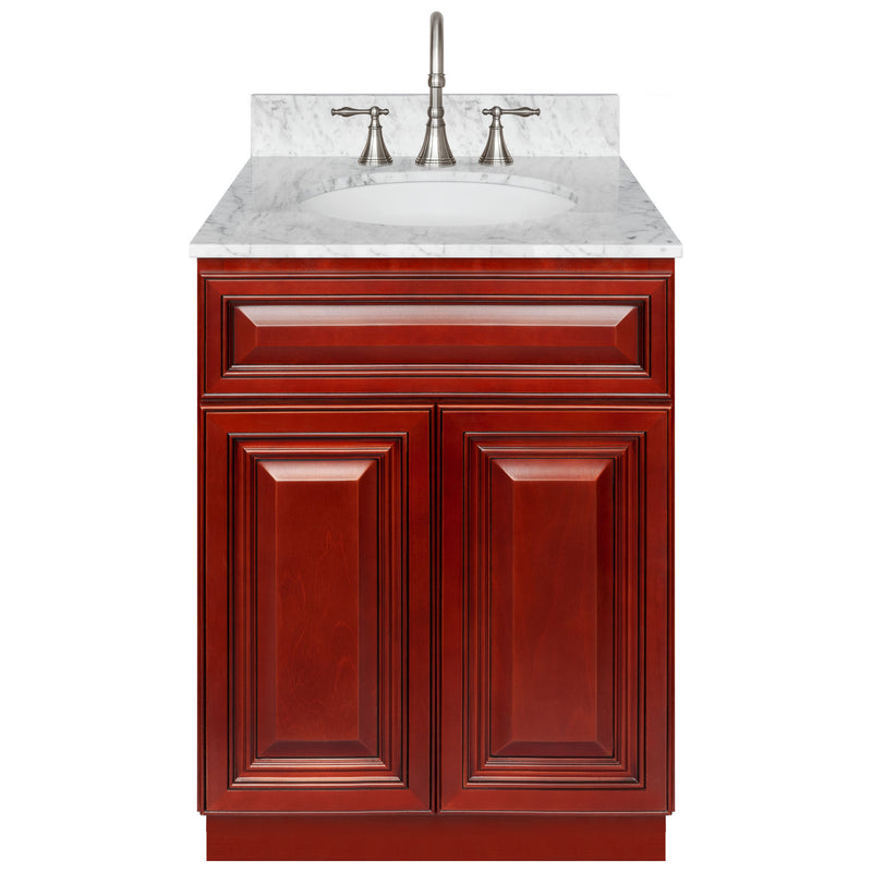 Cherry Bathroom Vanity 24", Cara White Marble Top, Faucet LB7B CW258-24CH-7B