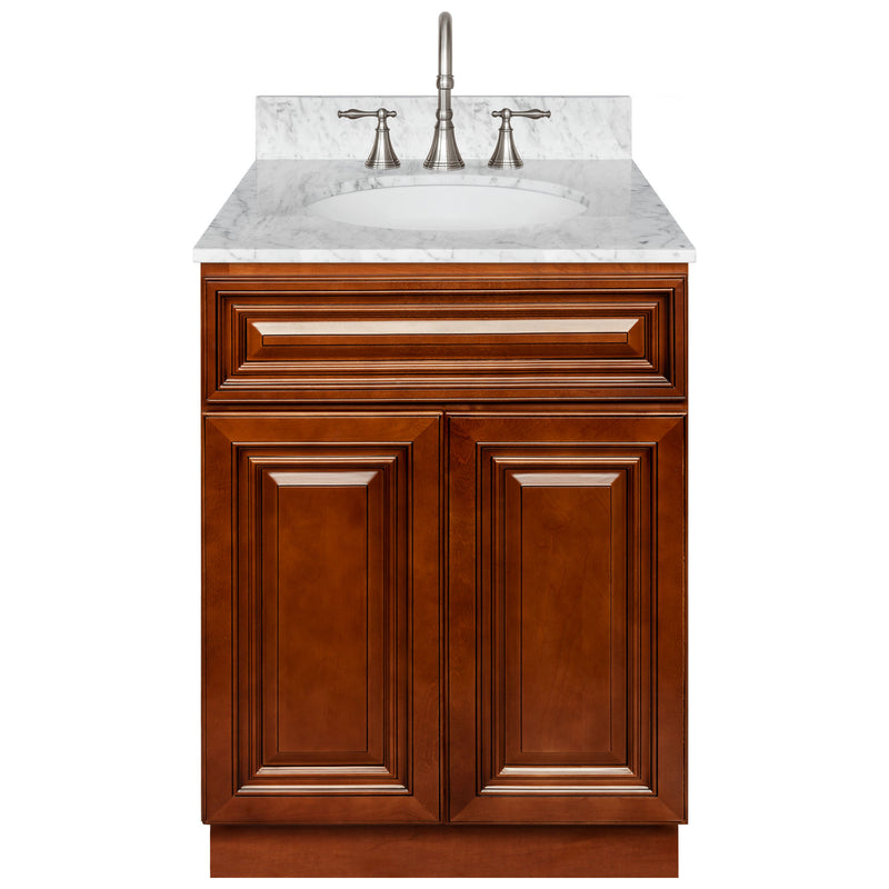 Brown Bathroom Vanity 24", Cara White Marble Top, Faucet LB7B CW258-24GN-7B