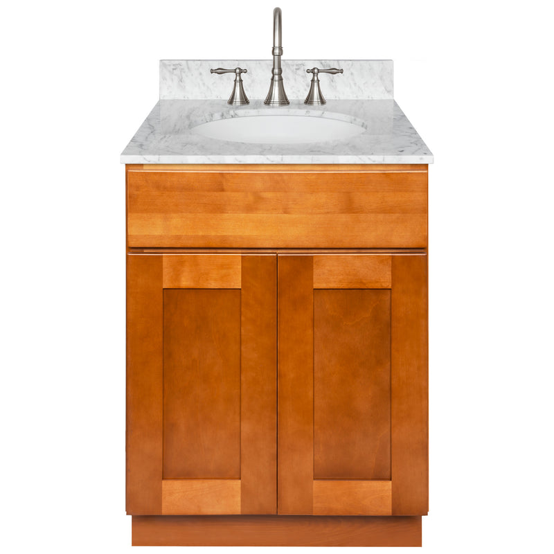 Brown Bathroom Vanity 24", Cara White Marble Top, Faucet LB7B CW258-24NP-7B