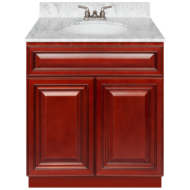 Cherry Bathroom Vanity 30", Cara White Marble Top, Faucet LB3B CW314-30CH-3B