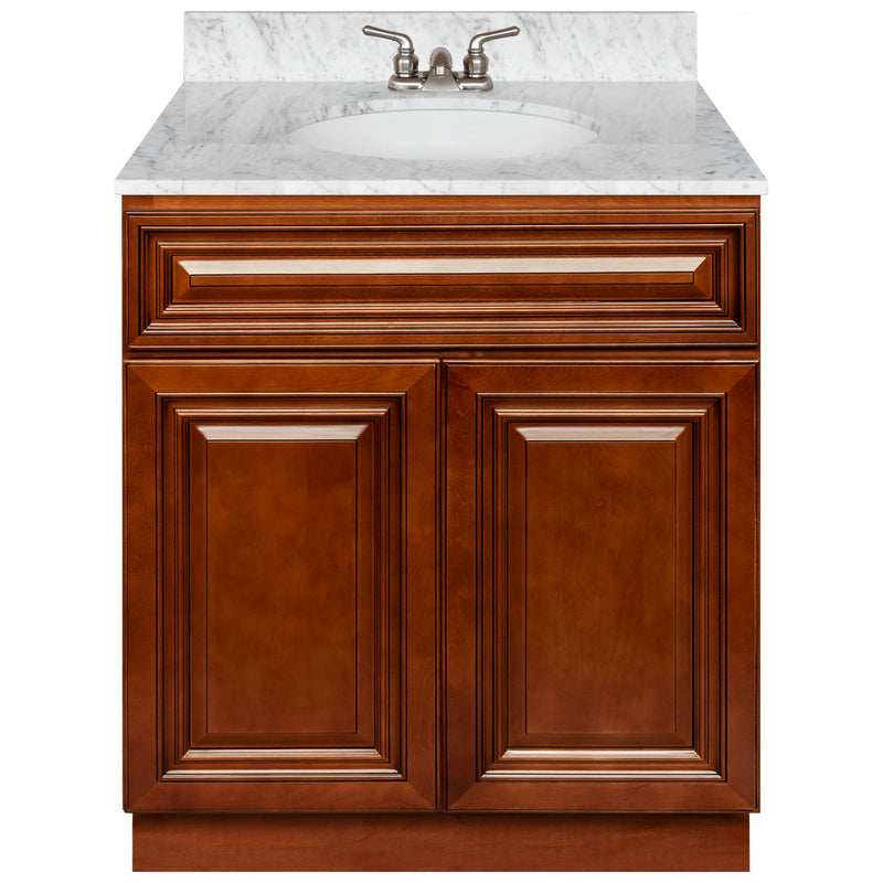 Brown Bathroom Vanity 30", Cara White Marble Top, Faucet LB3B CW314-30GN-3B