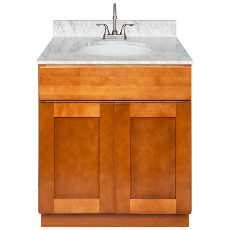 Brown Bathroom Vanity 30", Cara White Marble Top, Faucet LB6B CW314-30NP-6B