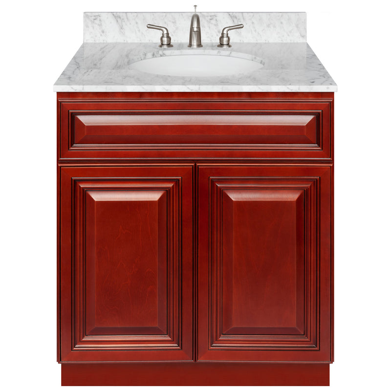 Cherry Bathroom Vanity 30", Cara White Marble Top, Faucet LB4B CW318-30CH-4B