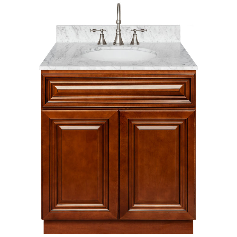 Brown Bathroom Vanity 30", Cara White Marble Top, Faucet LB7B CW318-30GN-7B