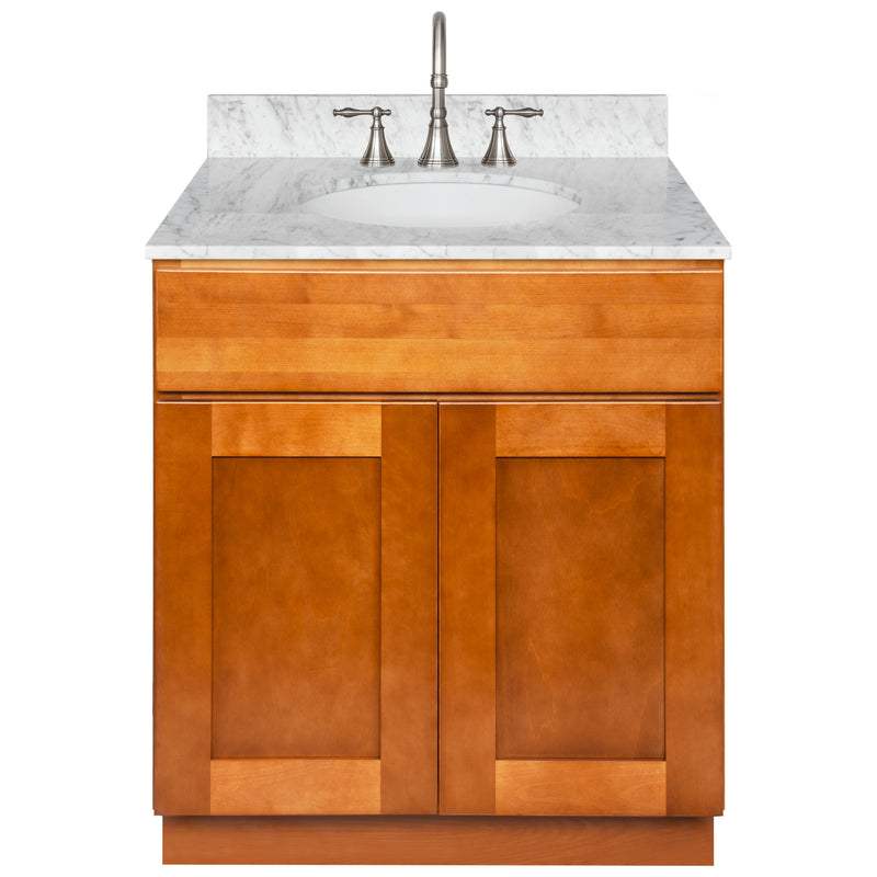 Brown Bathroom Vanity 30", Cara White Marble Top, Faucet LB7B CW318-30NP-7B