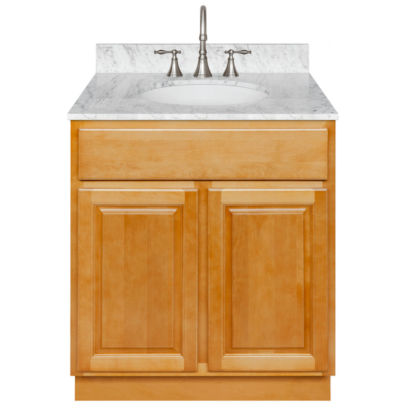 Brown Bathroom Vanity 30", Cara White Marble Top, Faucet LB7B CW318-30RC-7B