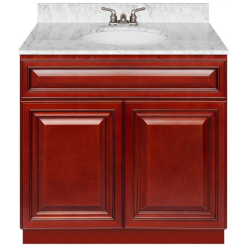 Cherry Bathroom Vanity 36", Cara White Marble Top, Faucet LB3B CW374-36CH-3B