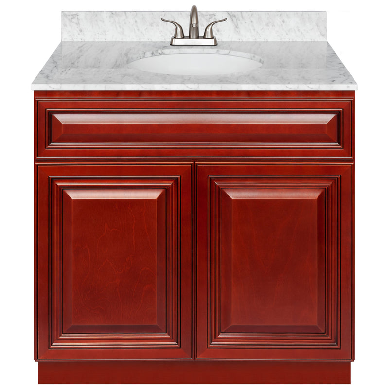 Cherry Bathroom Vanity 36", Cara White Marble Top, Faucet LB5B CW374-36CH-5B