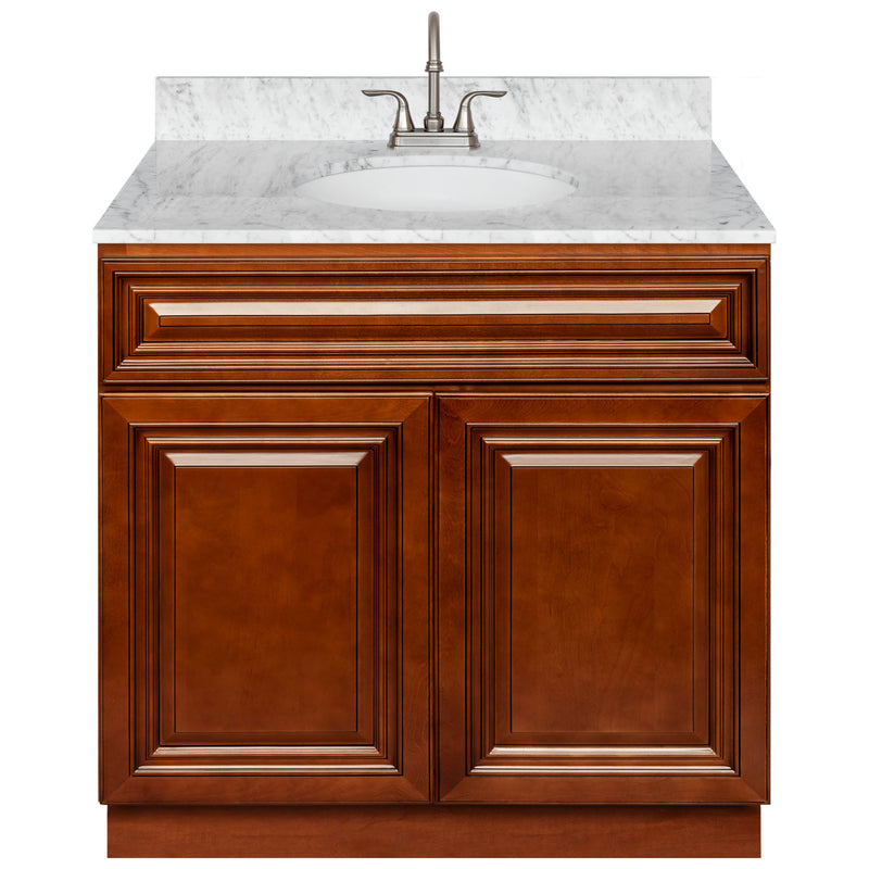 Brown Bathroom Vanity 36", Cara White Marble Top, Faucet LB6B CW374-36GN-6B