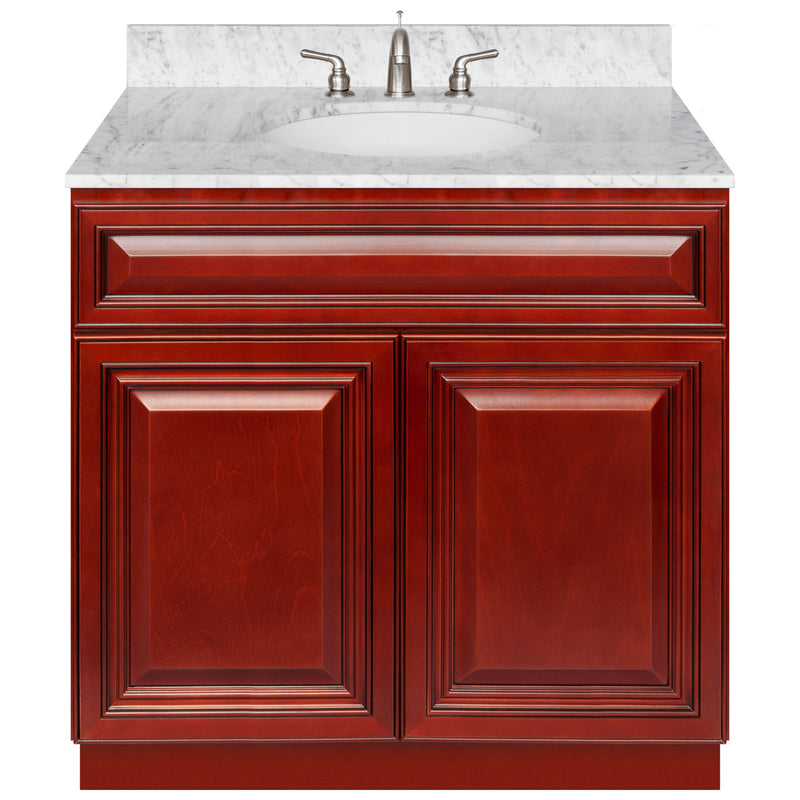 Cherry Bathroom Vanity 36", Cara White Marble Top, Faucet LB4B CW378-36CH-4B