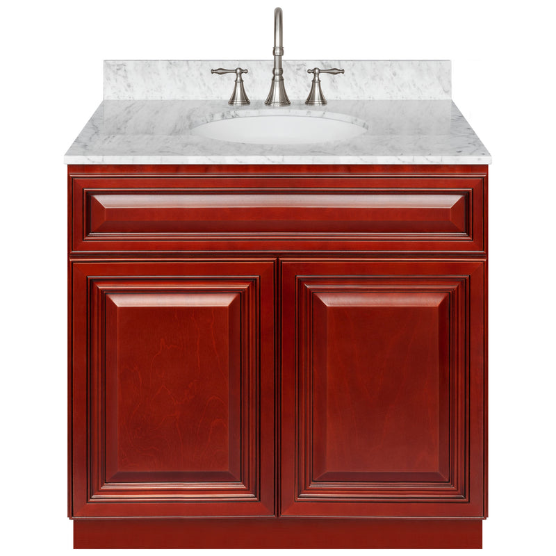 Cherry Bathroom Vanity 36", Cara White Marble Top, Faucet LB7B CW378-36CH-7B