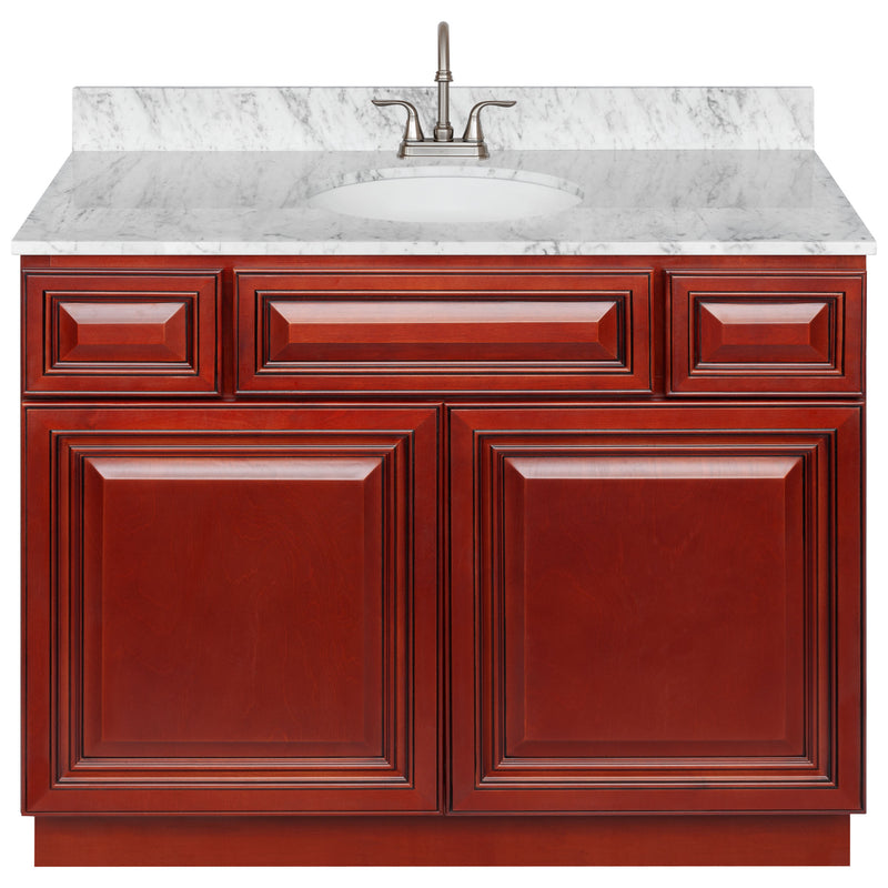 Cherry Bathroom Vanity 42", Cara White Marble Top, Faucet LB6B CW434-42CH-6B