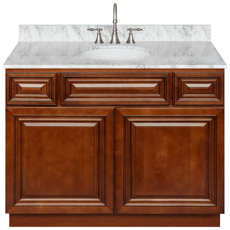 Brown Bathroom Vanity 42", Cara White Marble Top, Faucet LB7B CW438-42GN-7B