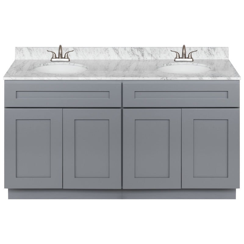 Cherry Double Bathroom Vanity 60", Cara White Marble Top, Faucet LB5B CW614-60CG-5B