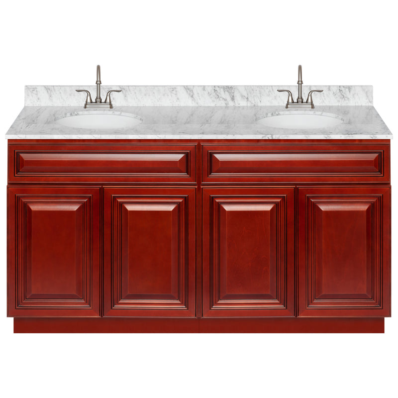 Cherry Double Bathroom Vanity 60", Cara White Marble Top, Faucet LB6B CW614-60CH-6B