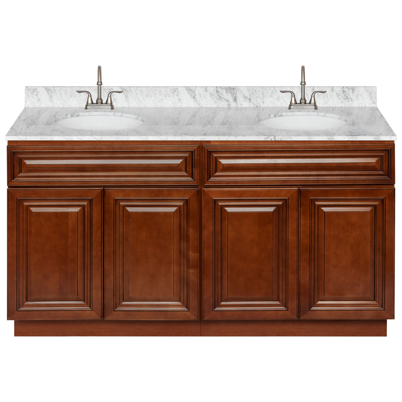 Brown Double Bathroom Vanity 60", Cara White Marble Top, Faucet LB6B CW614-60GN-6B