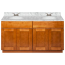 Brown Double Bathroom Vanity 60", Cara White Marble Top, Faucet LB3B CW614-60NP-3B