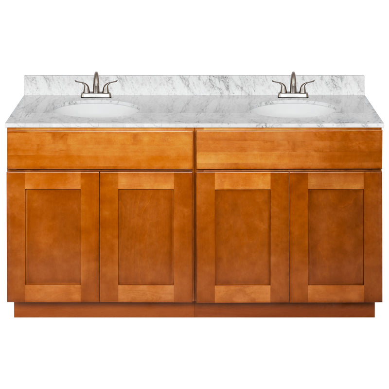 Brown Double Bathroom Vanity 60", Cara White Marble Top, Faucet LB5B CW614-60NP-5B