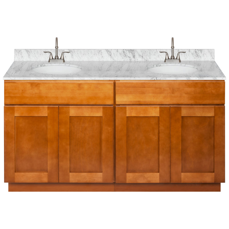 Brown Double Bathroom Vanity 60", Cara White Marble Top, Faucet LB6B CW614-60NP-6B