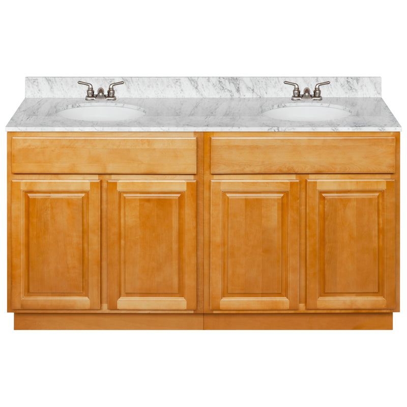 Brown Double Bathroom Vanity 60", Cara White Marble Top, Faucet LB3B CW614-60RC-3B