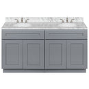 Cherry Double Bathroom Vanity 60", Cara White Marble Top, Faucet LB4B CW618-60CG-4B