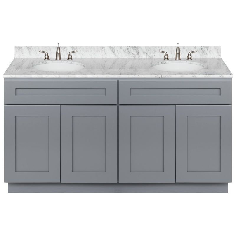 Cherry Double Bathroom Vanity 60", Cara White Marble Top, Faucet LB4B CW618-60CG-4B