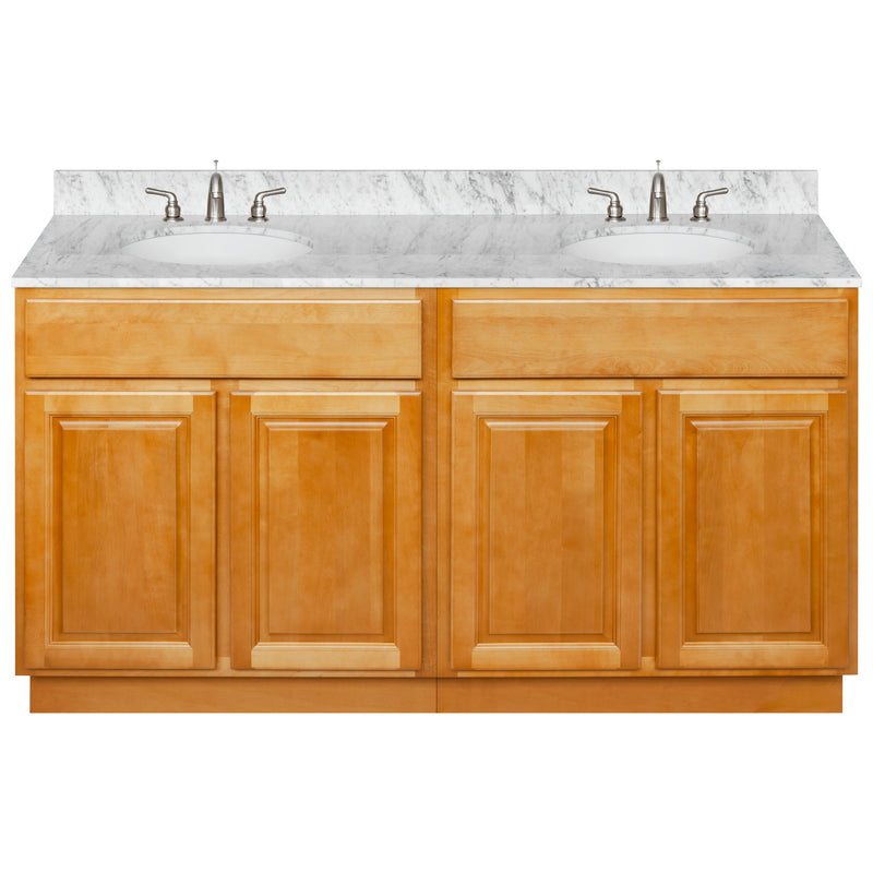 Brown Double Bathroom Vanity 60", Cara White Marble Top, Faucet LB4B CW618-60RC-4B