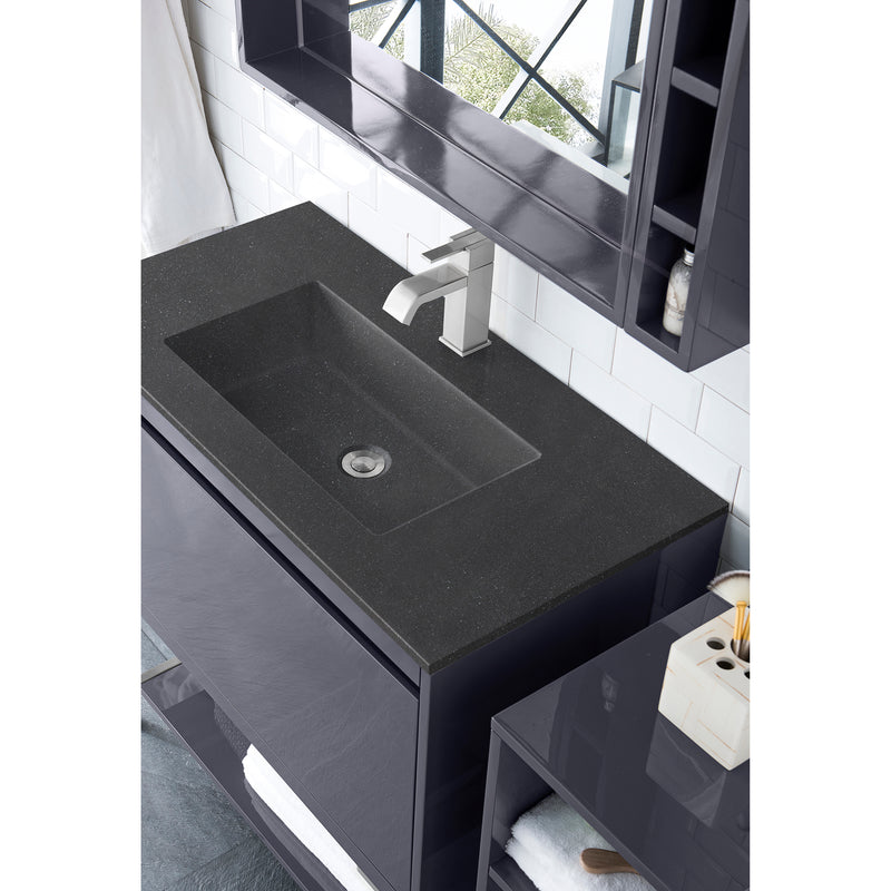 James Martin Milan 35.4" Single Vanity Cabinet Modern Gray Glossy Brushed Nickel with Charcoal Black Composite Top 801V35.4MGGBNKCHB