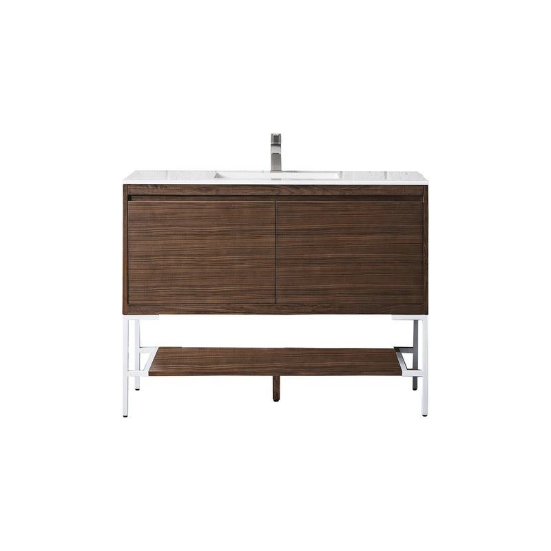 James Martin Milan 47.3" Single Vanity Cabinet Mid Century Walnut Glossy White with Glossy White Composite Top 801V47.3WLTGWGW