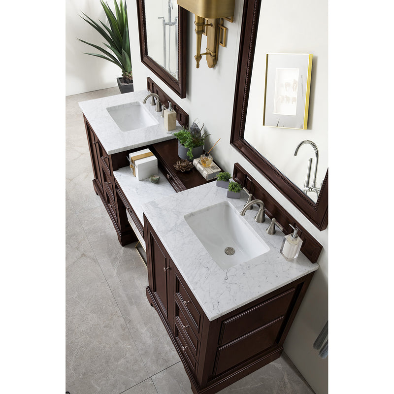 James Martin De Soto 82" Double Vanity Set Burnished Mahogany with Makeup Table 3 cm Carrara Marble Top 825-V82-BNM-DU-CAR